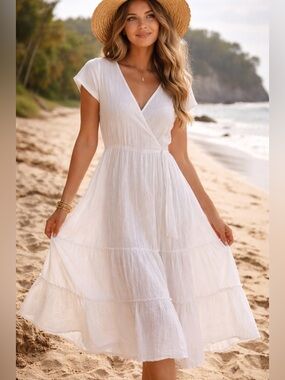 Elan Linen Maxi Dress Large White Wrap Tiered Lagenlook Beach Boho V-neck Lined